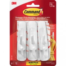 Command™ Medium Utility Hook Value Pack - for Home, Office - White, 6 Hooks, 12 Strips/Pack