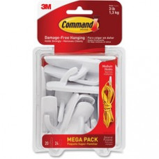 Command™ Medium Utility Hook Mega Pack - 3 lb (1.36 kg) Capacity - for Multipurpose, Paint, Wood, Tile - White - 20 Hooks, 24 Strips/Pack