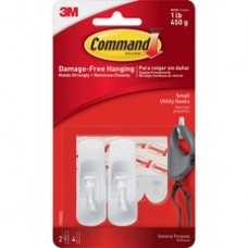 Command™ Small Utility Hooks - 2 Small Hook - 1 lb (453.6 g) Capacity - Plastic - White, 2 Hooks, 4 Strips/Pack