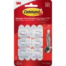 Command™ Mini White Hooks with White Strips - 8 oz (226.8 g) Capacity - Plastic - White, 6 Hooks, 8 Strips/Pack