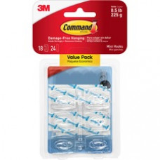 Command™ Mini Clear Hooks with Clear Strips - 8 oz (226.8 g) Capacity - Plastic - Clear - 18 Hooks, 24 Strips/Pack
