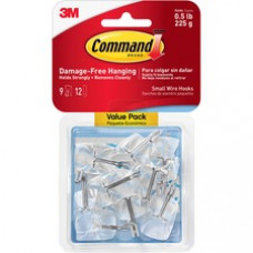 Command™ Clear Small Wire Hooks - 9 Hooks, 12 Strips/Pack - 8 oz (226.8 g) Capacity - for Utensil, Pictures, Mirror - Plastic - Clear