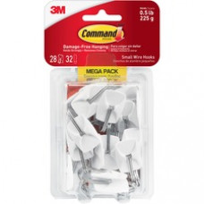 Command™ Small Wire Hooks Mega Pack - 8 oz (226.8 g) Capacity - for Multipurpose, Paint, Wood, Tile - White, 28 Hooks, 32 Strips/Pack