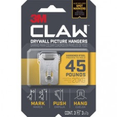 3M CLAW Drywall Picture Hanger - 45 lb (20.41 kg) Capacity - for Pictures, Project, Mirror, Frame, Art, Home, Decoration - Steel - Gray - 3 / Pack