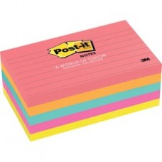 Post-it Notes, 3 in x 5 in, Cape Town Color Collection, Lined - 500 - 3" x 5" - Rectangle - 100 Sheets per Pad - Ruled - Assorted - Paper - Self-adhesive, Repositionable - 5 / Pack