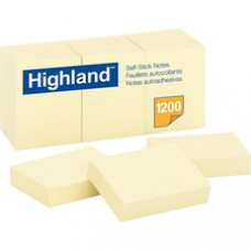 Highland Self-Sticking Note Pads - 1200 - 1.50" x 2" - Rectangle - 100 Sheets per Pad - Unruled - Yellow - Paper - Self-adhesive, Repositionable - 12 / Pack