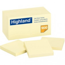 Highland Self-Sticking Note Pads - 1800 - 3" x 3" - Square - 100 Sheets per Pad - Unruled - Yellow - Paper - Removable - 18 / Pack