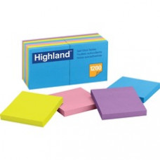 Highland Bright Self-stick Removable Notes - 1200 - 3" x 3" - Square - 100 Sheets per Pad - Unruled - Bright Assorted - Paper - Self-adhesive, Repositionable, Removable - 12 / Pack