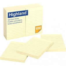 Highland Self-stick Lined Notes - 1200 - 4" x 6" - Rectangle - 100 Sheets per Pad - Ruled - Yellow - Paper - Self-adhesive - 12 / Pack