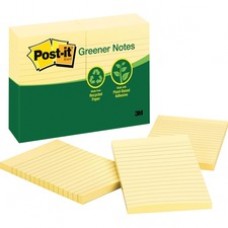 Post-it Greener Notes, 4 in x 6 in, Canary Yellow, Lined - 1200 - 4" x 6" - Rectangle - 100 Sheets per Pad - Ruled - Canary Yellow - Paper - Self-adhesive, Repositionable - 12 / Pack