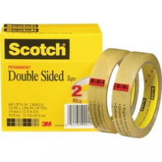 Scotch® Permanent Double Sided Tape, 3/4" x 1296" - 0.75" Width x 36 yd Length - 3" Core - Non-yellowing, Photo-safe, Glossy - 2 / Pack - Clear