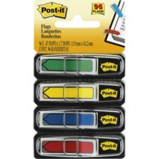 Post-it® Arrow Flags, 1/2" Wide, Assorted Primary Colors - 24 x Red, 24 x Green, 24 x Yellow, 24 x Blue - 0.50" x 1.75" - Arrow, Rectangle - Unruled - Blue, Green, Red, Yellow, Assorted - Removable, Self-adhesive, 