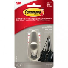 Command™ Medium Forever Classic Hook, Brushed Nickel - 3 lb (1.36 kg) Capacity - Metal - Nickel - 1 Hook, 2 Strips/Pack