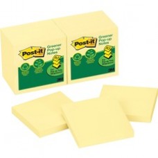 Post-it® Greener Pop-up Notes, 3"x 3", Canary Yellow - 1200 - 3" x 3" - Square - 100 Sheets per Pad - Unruled - Canary Yellow - Paper - Self-adhesive, Repositionable, Non-smearing - 12 / Pack