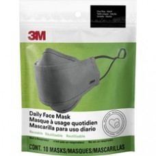3M Daily Face Masks - Recommended for: Face, Indoor, Outdoor, Office, Transportation - Reusable, 2-ply, Lightweight, Breathable, Adjustable, Elastic Loop, Nose Clip, Comfortable, Washable - Cotton, Fabric - Gray - 10 / Pack