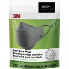 3M Daily Face Masks - Recommended for: Face, Indoor, Outdoor, Office, Transportation - Reusable, 2-ply, Lightweight, Breathable, Adjustable, Elastic Loop, Nose Clip, Comfortable, Washable - Cotton, Fabric - Gray - 5 / Pack