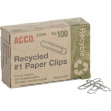 ACCO® Recycled Paper Clips, Smooth Finish, #1 Size, 100/Box - No. 1 - 10 Sheet Capacity - Durable, Reusable - 100 / Box - Silver - Metal