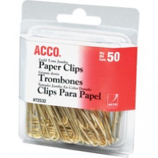 ACCO® Gold Tone Clips, Smooth Finish, Jumbo Size, 50/Box - Jumbo - 20 Sheet Capacity - Long Lasting, Durable - 50 / Pack - Gold