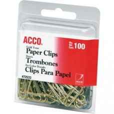 ACCO® Gold Tone Clips, Smooth Finish, #2 Size, 100/Box - No. 2 - 10 Sheet Capacity - Long Lasting, Durable - 100 / Pack - Gold - Metal
