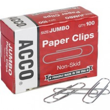 ACCO® Economy Jumbo Paper Clips, Non-skid Finish, Jumbo Size 1-7/8", 100/Pack - Jumbo - No. 1 - 20 Sheet Capacity - Non-skid, Galvanized, Corrosion Resistant - 1000 / Box - Silver - Metal, Zinc Plated