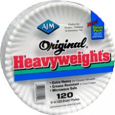 AJM Heavyweight Paper Plates - Serving, Reheating - Disposable - Microwave Safe - White - 960 / Carton