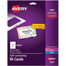 Avery® Self-Laminating ID Cards, 2" x 3-1/4", 30 Cards (5361) - 30 / Box - 2.3" Width x 3.3" Height - Laminated, Perforated - White