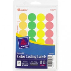 Avery® Removable Print or Write Color Coding Labels, 3/4" Round, Assorted Neon, Pack of 1008 (5474) - Removable Adhesive - 3/4" Diameter - Circle - Laser - Assorted - 1008 / Pack
