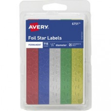Avery® Foil Star Label - Rectangle, Star Shape - Easy Peel - Red, Silver, Yellow, Green, Blue - Foil - 36 / Carton