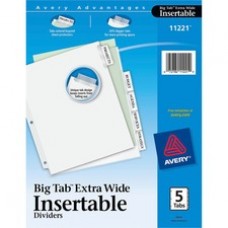 Avery® Big Tab Extra Wide White Insertable Dividers - Clear Reinforced - 5 Blank Tab(s) - 5 Tab(s)/Set - 9" Divider Width x 11" Divider Length - 3 Hole Punched - Paper Divider - Clear Tab(s) - 5 / Set