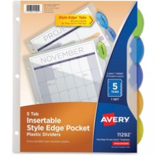 Avery® Insertable Style Edge(TM) Plastic Dividers with Pockets, 5-Tab Set, Multicolor (11292) - 11" Divider Width - 3 Hole Punched - Translucent Plastic Divider - 5 / Set