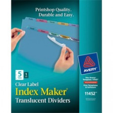 Avery® Print & Apply Clear Label Translucent Plastic Dividers, Index Maker(R) Easy Apply(TM) Printable Label Strip, 5 Multicolor Tabs (11452) - 5 x Divider(s) - Blank Tab(s) - 5 Tab(s)/Set - 8.5