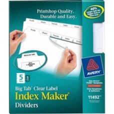 Avery® Big Tab(TM) Print & Apply Clear Label Dividers, Index Maker(R) Easy Apply(TM) Printable Label Strip, 5 White Tabs, 5 Sets (11492) - 5 x Divider(s) - 5 Tab(s)/Set - 8.5
