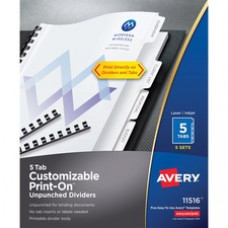 Avery® Unpunched Print-On(TM) Dividers, 5 Tabs, 5 Sets (11516) - 5 x Divider(s) - Print-on Tab(s) - 5 Tab(s)/Set - 9.5