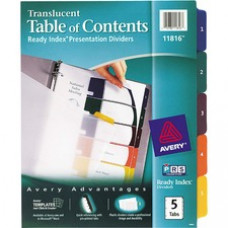 Avery® Customizable Table of Contents Translucent Plastic Dividers, Ready Index(R) Printable Section Titles, Preprinted 1-5 Multicolor Tabs, 1 Set (11816) - 5 x Divider(s) - Print-on Tab(s) - 5 Tab(s)/Set - 8.5