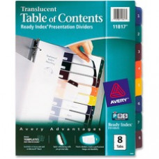 Avery® Customizable Table of Contents Translucent Plastic Dividers, Ready Index(R) Printable Section Titles, Preprinted 1-8 Multicolor Tabs, 1 Set (11817) - 8 x Divider(s) - 8 Tab(s)/Set - 8.5