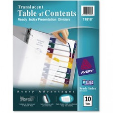 Avery® Customizable Table of Contents Translucent Plastic Dividers, Ready Index(R) Printable Section Titles, Preprinted 1-10 Multicolor Tabs, 1 Set (11818) - 10 x Divider(s) - 10 Tab(s)/Set - 8.5