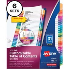 Avery® Ready Index 31 Tab Dividers, Customizable TOC, 6 Sets - 186 x Divider(s) - 1-31, Table of Contents - 31 Tab(s)/Set - 8.5