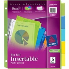 Avery® Big Tab(TM) Insertable Plastic Dividers, 5-Tab Set, Multicolor (11900) - 5 Print-on Tab(s) - 5 Tab(s)/Set - 3 Hole Punched - Plastic Divider - Multicolor Tab(s) - 5 / Set