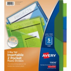 Avery® Big Tab(TM) Insertable Two-Pocket Plastic Dividers, 5-Tab Set, Multicolor (11906) - 5 Print-on Tab(s) - 5 Tab(s)/Set - 3 Hole Punched - Plastic Divider - Multicolor Tab(s) - 5 / Set