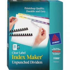 Avery® Print & Apply Clear Label Unpunched Dividers, Index Maker(R) Easy Apply(TM) Printable Label Strip, 8 Pastel Tabs, 25 Sets (11999) - 8 Print-on Tab(s) - 8 Tab(s)/Set - Clear Divider - Multicolor Tab(s) - 25 / Box