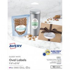 Avery® Sure Feed Printable Glossy White Labels - Permanent Adhesive - Oval - Laser, Inkjet - White - Paper - 18 / Sheet - 90 Total Sheets - 450 Total Label(s) - 5 / Carton
