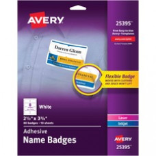 Avery® Adhesive Name Badges - Removable Adhesive - Rectangle - Laser, Inkjet - White - Film - 8 / Sheet - 10 Total Sheets - 80 Total Label(s) - 5 / Carton