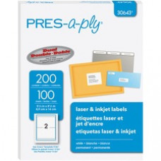PRES-a-ply Shipping Label - Permanent Adhesive - Rectangle - Laser, Inkjet - White - Paper - 2 / Sheet - 100 Total Sheets - 200 Total Label(s) - 200 / Pack