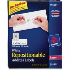 Avery® Repositionable Address Labels, Repositionable Adhesive, 1" x 2-5/8", 3,000 Labels (55160) - Removable Adhesive - 2 5/8" Width x 1" Length - Rectangle - Laser - White - 30 / Sheet - 3000 / Box