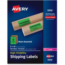 Avery® High-Visibility Neon Shipping Labels for Laser Printers 2 x 4, Assorted Colors, Box of 500 (5956) - Permanent Adhesive - 4