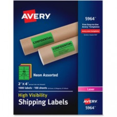 Avery® High-Visibility Neon Shipping Labels for Laser Printers 2 x 4, Assorted Colors, Box of 1,000 (5964) - Permanent Adhesive - 4