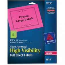 Avery® Neon Laser Labels, Rectangle, Assorted Fluorescent Colors, 8-1/2 x 11, 15/Pack (5975) - Permanent Adhesive - 8 1/2