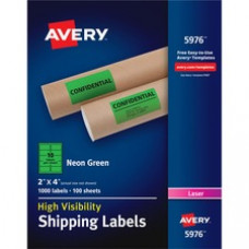 Avery® High-Visibility Neon Green Shipping Labels for Laser Printers 2 x 4, Box of 1,000 (5976) - Permanent Adhesive - 4" Width x 2" Length - Rectangle - Laser - Neon Green - Paper - 10 / Sheet - 1000 / Box