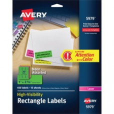 Avery® Neon Laser Labels, Rectangle, Assorted Fluorescent Colors, 1 x 2-5/8, 450/Pack (5979) - Permanent Adhesive - 1