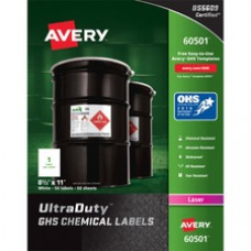 Avery® UltraDuty(R) GHS Chemical Labels for Laser Printers, Waterproof, UV Resistant, 8-1/2